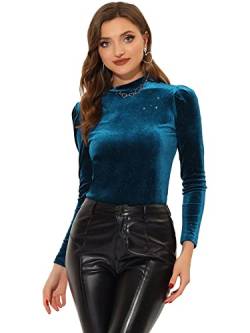 Allegra K Damen Langarm Kostüm Stehkragen Samt Metallic Glitzer Puffärmel Top Bluse Pfauenblau M von Allegra K