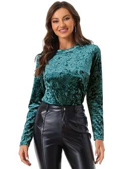 Allegra K Damen Langarm Rundhalsausschnitt Lässig Samt T-Shirt Top Bluse Blau Grün S von Allegra K