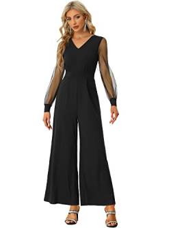 Allegra K Damen Langarm V-Ausschnitt Mesh Weitem Bein Strampler Party Elegant Jumpsuit Schwarz S von Allegra K