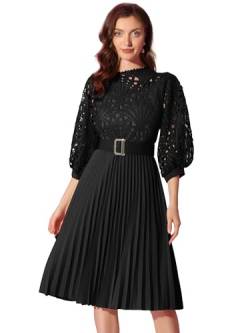 Allegra K Damen Lochstickerei Kleid Gürtel 3/4-Ärmel A-Linie Plissierte Midi Kleid Schwarz S von Allegra K