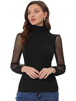 Allegra K Damen Oberteil Langarm Stehkragen Mesh Durchsichtig Jersey T-Shirt Bluse Schwarz XS von Allegra K