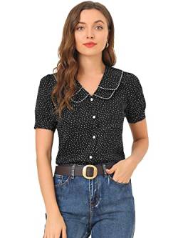 Allegra K Damen Oberteil Puffärmel Bubikragen Elegant Vintage Punktet Shirt Polka Dots Bluse Schwarz XS von Allegra K