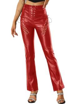 Allegra K Damen PU Lederhose Hoher Taille Schnürung Gothic Cut-Out Punk Hose Rot XS von Allegra K