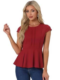 Allegra K Damen Rundhals Bluse Einfarbig Flügelhülse Schößchen Elegant Arbeit Oberteil Shirt Dunkelrot L von Allegra K