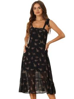 Allegra K Damen Sommerkleid Blumenmuster Spaghettiträger Ärmellos Rüschen Elegant Durchsichtig A-Linie Midikleid Schwarz L von Allegra K