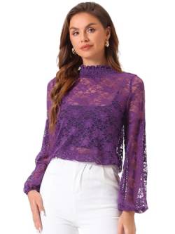 Allegra K Damen Spitze Spitzenbluse Langarm Stehkragen Rüschen Blumen Top Bluse Lila M von Allegra K