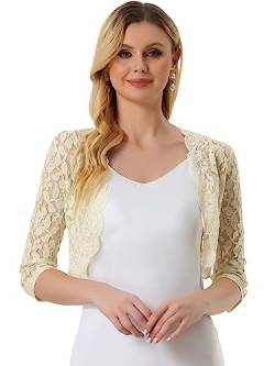 Allegra K Damen Spitzen-Bolero-Shrugs, 3/4-Ärmel, durchscheinend, bauchfreies Top, gehäkelte Spitzen-Shrug, Blumen-Shrug für Frauen, beige, S von Allegra K