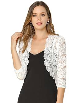 Allegra K Damen Spitzen Festlich Bolero 3/4 Ärmel Hochzeit Strickjacke Vorne Offen Crop Cardigan Shrug Weiß XS von Allegra K