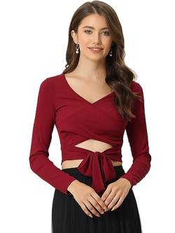 Allegra K Damen T-Shirt V-Ausschnitt Knoten vorne Langarm Faux Wickel Crop Top Weinrot XL von Allegra K