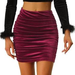 Allegra K Damen Velvet Röcke Samtrock Party Bodycon Rüschen Kurz Rock Dunkelrot XL von Allegra K