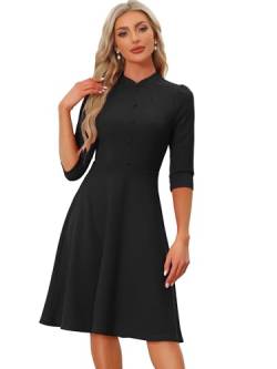 Allegra K Etuikleider für Damen Tag 3/4 Ärmel Stehkragen Elegant Business A-Linie Kleid, Schwarz , X-Large von Allegra K