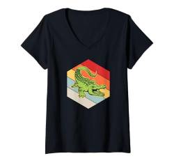 Damen Alligator Geometrischer Retro-Stil Alligator Liebe Ästhetik T-Shirt mit V-Ausschnitt von Alligator Theme Birthday Party Supply Essentials