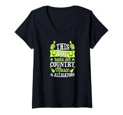 Damen Dieser Junge läuft auf Country-Musik und Alligatoren T-Shirt mit V-Ausschnitt von Alligator Theme Birthday Party Supply Essentials