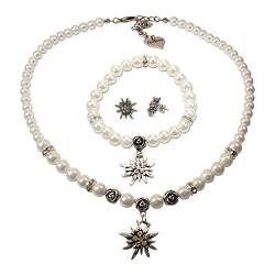 Alpenflüstern Trachtenschmuck-Set Perlen-Trachtenkette, Armband und Ohrstecker Strass-Edelweiß - Damen-Trachten-Schmuck, Trachtenset Dirndl-Kette, Armkette, Ohrringe creme-weiß SET045 von Alpenflüstern