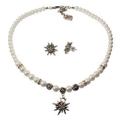 Alpenflüstern Trachtenschmuck-Set Perlen-Trachtenkette und Ohrstecker Strass-Edelweiß - Damen-Trachten-Schmuck, Trachtenset Dirndl-Kette und Trachten-Ohrringe Creme-weiß SET010 von Alpenflüstern