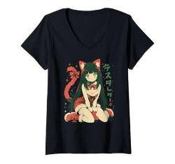 Damen Weihnachten Katze Mädchen Anime Waifu Kawaii Japan Urlaub niedlich T-Shirt mit V-Ausschnitt von Alternative Christmas Manga Japan Anime Woman co.