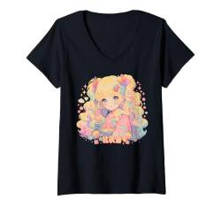 Damen Anime Girl Waifu Cute Alt Aesthetic mit Obst, Erdbeer-Pastellfarben T-Shirt mit V-Ausschnitt von Alternative Sweet Manga Japan Anime Woman