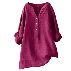 Alueeu Leinenbluse Damen Oversize Tunika Baggy Langarmshirt Leinen Longshirt mit Knöpfen Oberteile Leinen-top Lässige Große größen Blusenshirt Damenbluse Damenoberteile Hemdbluse, Z6-wein, XL von Alueeu