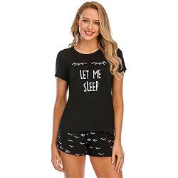 Alunsito Kurzes Pyjama Set für Damen süßes bedrucktes T Shirt Oberteil kurze Ärmel und Shorts 2 teilig Modal Loungewear Nachtwäsche Pjs Sets Schwarz Medium von Alunsito