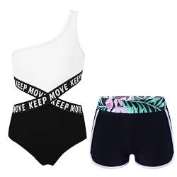 Alvivi Mädchen Badeanzug Blumen Druck Einteiler Bademode mit Shorts Bikini Tankini Set Kinder Sommer Schwimmanzug Badebekleidung Schwarz 134-140 von Alvivi