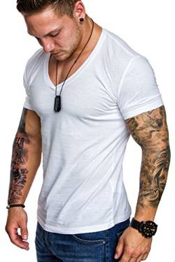 Amaci&Sons Oversize Herren Slim-Fit V-Neck Basic T-Shirt V-Ausschnitt 1-0006 Weiß L von Amaci&Sons