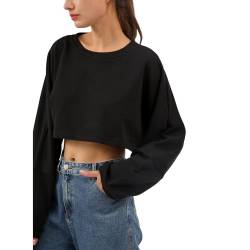 Amazhiyu Damen Sweatshirt, Crop Pullover Ohne Kapuze, Casual Basic Pulli Oversized, Rundhals Kurz Hoodie Langarmshirt Tops, Schwarz, M von Amazhiyu