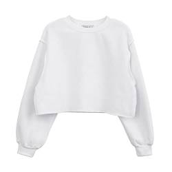 Amazhiyu Pullover Damen Beschnitten Pullover Sweatshirt Langarm Rundhals Pulli Herbst Winter ohne Kapuze Bluse Tops, Weiß, M von Amazhiyu