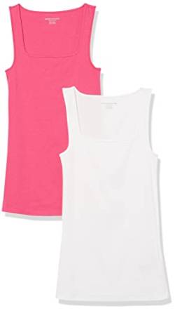 Amazon Essentials Damen Tanktop mit schmaler Passform und quadratischem Ausschnitt, 2er-Pack, Weiß/Dunkelrosa, XS von Amazon Essentials