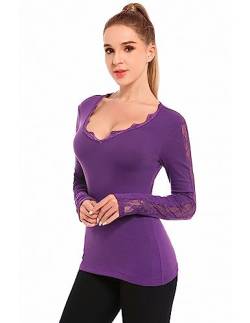 AmélieBoutik Frauen V-Ausschnitt Floral Spitze Trim Inset Langarm Bluse Top, Violett, X-Klein von AmélieBoutik