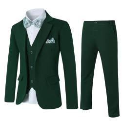 Amissz Jungen Anzug 5 Teilig Klassisch Slim Fit Hochzeitsanzug Set Gentleman Smoking Jacke Mantel + Weste + Blusen + Fliege + Hose Outfit Kinder Geburtstagsparty Taufkleidung 6-7 Jahre, Grün von Amissz