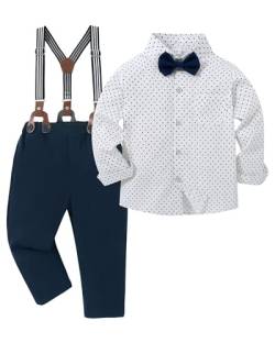 Amissz Jungen Gentleman Anzug Outfit, Kinder Festival Bekleidungsset Langarm Fliege Hemd + Hosenträger Hosen Taufanzug Hochzeitanzug Festanzug Blau Dot 8-9 Jahre von Amissz