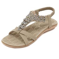 Sandalen Damen Sommer Flache Schuhe Bequeme mit Rutschfestem Freizeit Strand Zehentrenner Kleid Knöchel Elastisch Offene Zehe Strass Bohemian Stil 3 Aprikose 38EU von Amissz