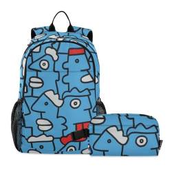 Amooorous Blauer Cartoon-Rucksack mit Lunchbox, Schulrucksäcke für Mädchen, mit Lunchbox, Jungen, Schultaschen 9–10 Jahre, Blaun/Cartoon von Amooorous