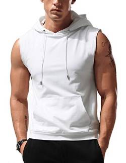 Amussiar Herren Workout Hooded Tank Tops Sleeveless Gym Training Hoodies Bodybuilding Muscle Cut Off T-Shirt, Weiss/opulenter Garten, XL von Amussiar