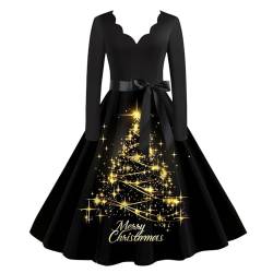 Weihnachtskleid für Damen Sexy Langarm Vintage V-Ausschnitt Weihnachtskleider Damen Rockabilly Kleider Damen Ballkleid Elegant Frauen Kleid Christmas Dresses Mädchen Rot Festlich Festival Große Größe von Amxleh