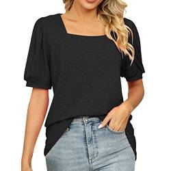 Sommer Oberteile Damen Elegant Quadratischer Ausschnitt T Shirt Damen Kurzarm Plissiert Puffärmel Einfarbige Tunika Bluse Lässig Locker Hemd Stilvolle Kurzarmshirt Tops T-Shirts & Blusen für Frauen von AmyGline