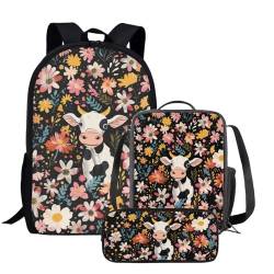 Amzbeauty 3-in-1-Rucksack-Set für Jungen, Mädchen, Kinder, Grundschule, Schüler, Rucksack mit Lunchbox, Kuh a von Amzbeauty