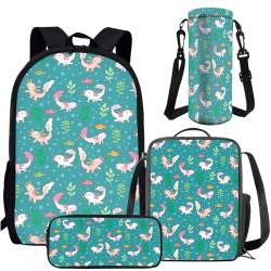 Amzbeauty Dinosaurier-Rucksack-Set, Dinosaurier-Rucksack mit Lunchbox, für Kinder, Jungen, Federmäppchen, Wasserflaschenträger für die Schule, 4-teilig, Axolotl von Amzbeauty