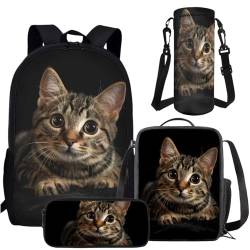 Amzbeauty Wolfs-Rucksack-Set für Mädchen, Galaxie-Wolf-Rucksack mit Lunchtasche, Wasserflaschenhalter, Federmäppchen, 4-teilig, katze von Amzbeauty