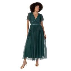 Anaya with Love Damen Women's Ladies Midaxi Dress V-neck Short Flutter Sleeve Ribbon A-line Tulle for Bridesmaid Wedding Guest Prom Ball Gown Kleid, Emerald Green, von Anaya with Love