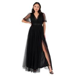 Anaya with Love Damen Ladies Maxi for Women V Neckline Short Sleeve Frilly Long Empire Waist Wedding Guest Bridesmaid Maid of Honour Dress, Schwarz, 52 EU von Anaya with Love