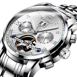 Herrenuhren Herren Mechanische Automatische Skeleton Wasserdichte Militär Sport Wasserdicht Große Gesicht Große Zifferblatt Schwarz Blau Weiß Datum Kalender Armbanduhr Edelstahl Analog Uhren für Männe von AngDu