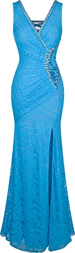 Angel-fashions Damen V-Ausschnitt Spitze Teilt Rusche Perlstickerei Mantel Kleid X-Large Hellblau von Angel-fashions