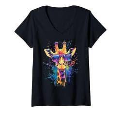 Damen Giraffe Cool Sonnenbrille Tier Splash Art Giraffen T-Shirt mit V-Ausschnitt von Animal Splash