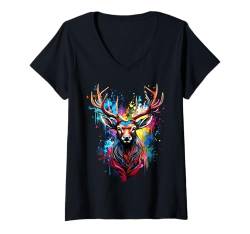 Damen Hirsch Tier Motiv Kunstwerk Splash Art Hirsche T-Shirt mit V-Ausschnitt von Animal Splash