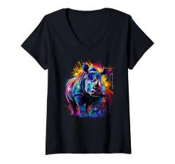 Damen Nashörner Hippo Kunstwerk Tiere Splash Art Nashorn T-Shirt mit V-Ausschnitt von Animal Splash