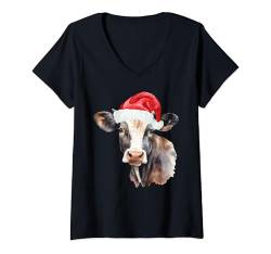 Damen Weihnachtskuh in Weihnachtsmannmützen, niedliche Kuh für Mädchen und Jungen T-Shirt mit V-Ausschnitt von Animals in Christmas Hats Group Family Pyjama tops