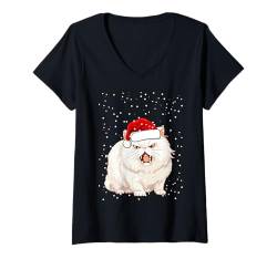 Damen Wütende Weihnachtskatze in Weihnachtsmannmütze, lustige Stimmungskatze für Jungen und Mädchen T-Shirt mit V-Ausschnitt von Animals in Christmas Hats Group Family Pyjama tops