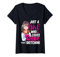 Damen Just A Girl Who Loves Anime und Sketching Fan Art T-Shirt T-Shirt mit V-Ausschnitt von Anime Girl Sketching Tees for Otaku Manga Fans