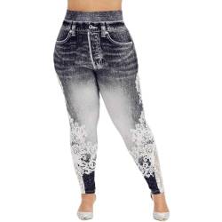 Ansenesna Hose Jeansoptik Damen Große Größen High Waist Elegant Leggings Für Mollige Frauen Gummizug Stretch Skinny Lang Jeggings Elastischer Bund Spitze Jeggins (Schwarz,XXXL) von Ansenesna